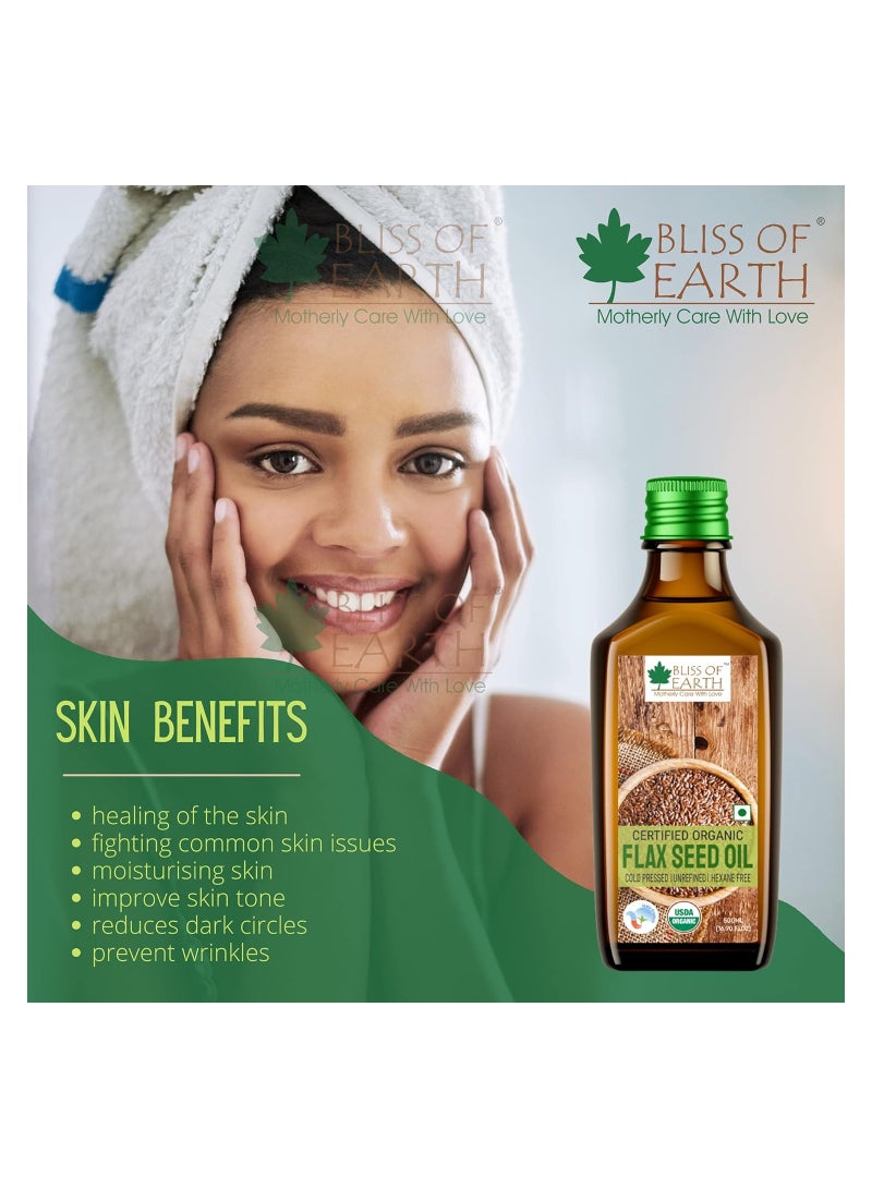 Bliss of Earth 500ML Flaxseed oil Pure natural organic plant based OMEGA rich cold pressed Hexane Free for Healthy Hair & Skin Pack of 2