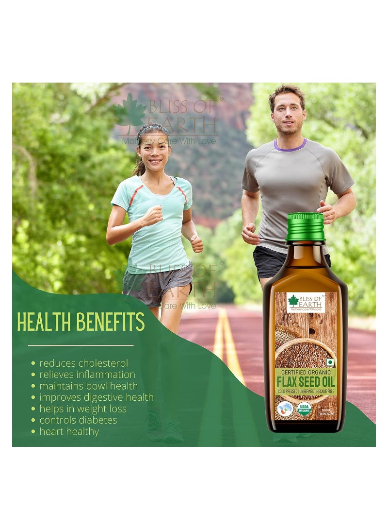 Bliss of Earth 500ML Flaxseed oil Pure natural organic plant based OMEGA rich cold pressed Hexane Free for Healthy Hair & Skin Pack of 2