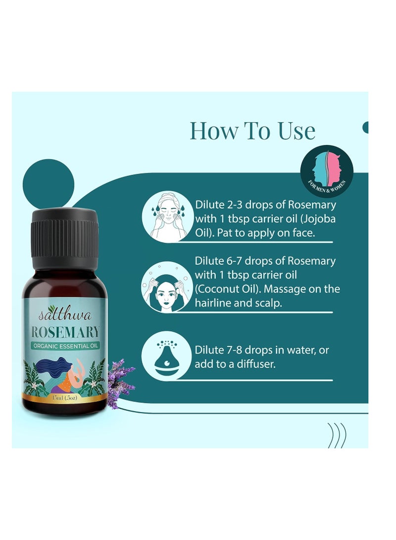 Satthwa Rosemary Essential Oil 100% Pure and Organic for Healthy Hair Scalp Hair Roots 15ml