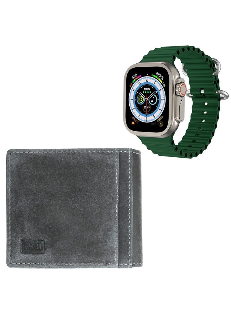 FEND FD66 49mm hd display smart watch with 2 pair strap and Genuine Leather Men's Wallet with RFID Protection Grey Combo