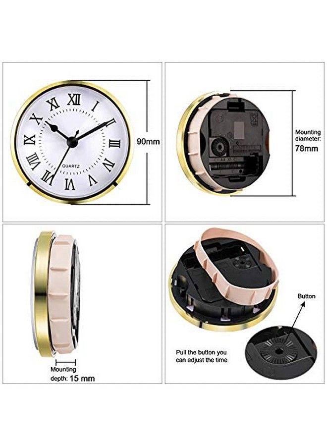 31 2 Inch (90 Mm) Quartz Clock Fitup Insert With Roman Numeral Quartz Movement (Gold Trim)