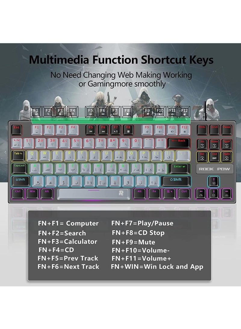 Arabic English Mechanical Gaming Keyboard with RGB LED Rainbow Backlit USB Wired E-sport Waterproof 87 Keys Keyboard for Windows MacOS Android PC Gamers