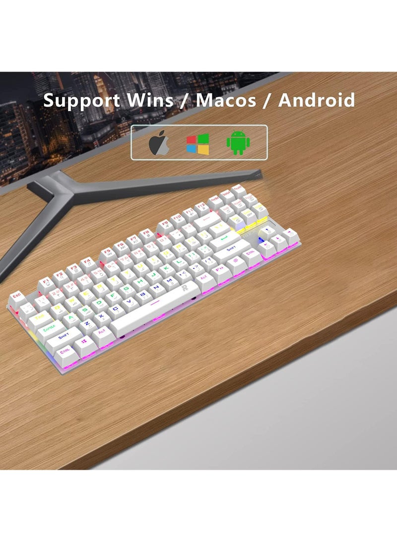 Arabic English Mechanical Gaming Keyboard with RGB LED Rainbow Backlit USB Wired E-sport Waterproof 87 Keys Keyboard for Windows MacOS Android PC Gamers