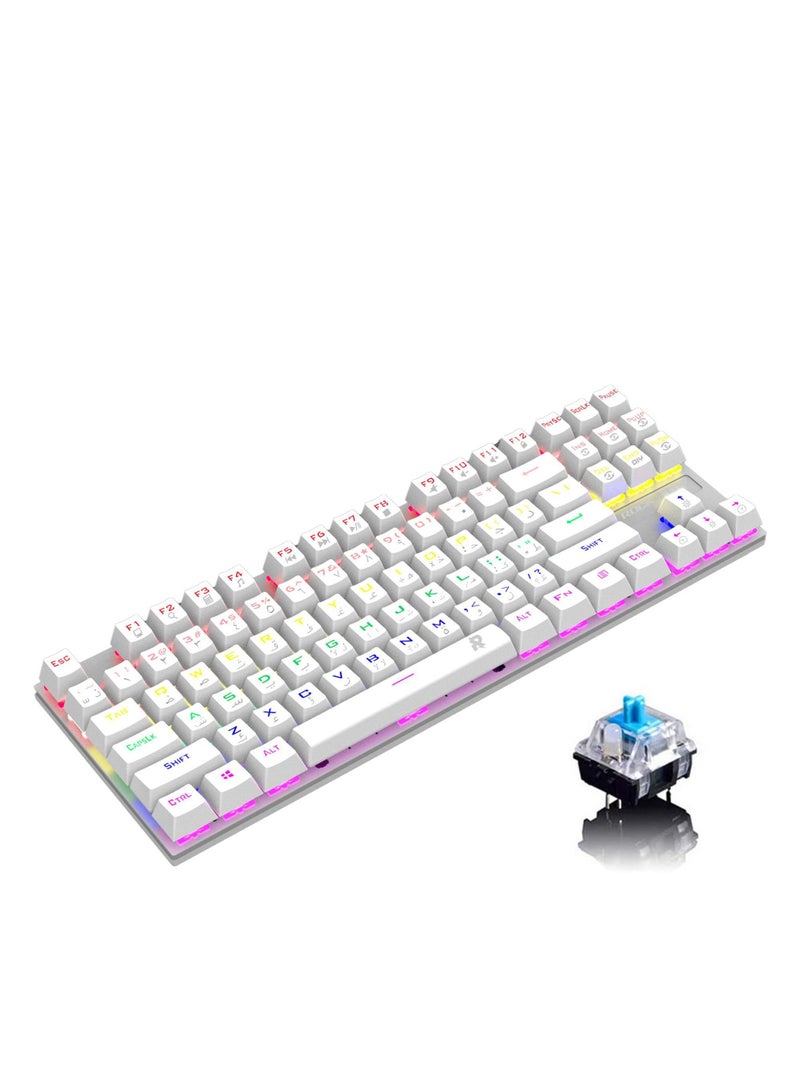 Arabic English Mechanical Gaming Keyboard with RGB LED Rainbow Backlit USB Wired E-sport Waterproof 87 Keys Keyboard for Windows MacOS Android PC Gamers