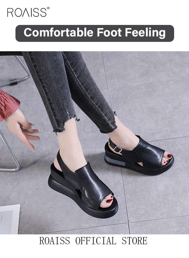 Thick Bottom Wedge Sandals Women's New Summer High-Heeled Fish Mouth Women's Shoes Soft Leather Buckle Open Toe Raised Platform Shoes