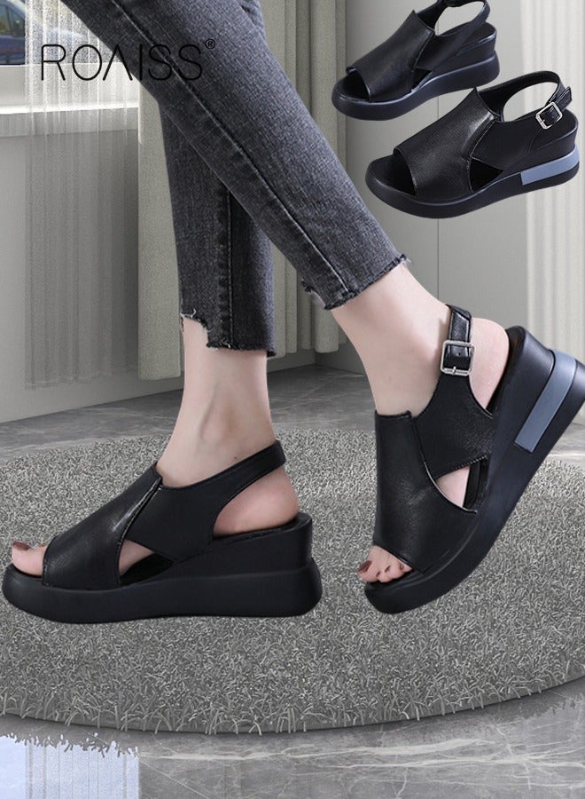 Thick Bottom Wedge Sandals Women's New Summer High-Heeled Fish Mouth Women's Shoes Soft Leather Buckle Open Toe Raised Platform Shoes