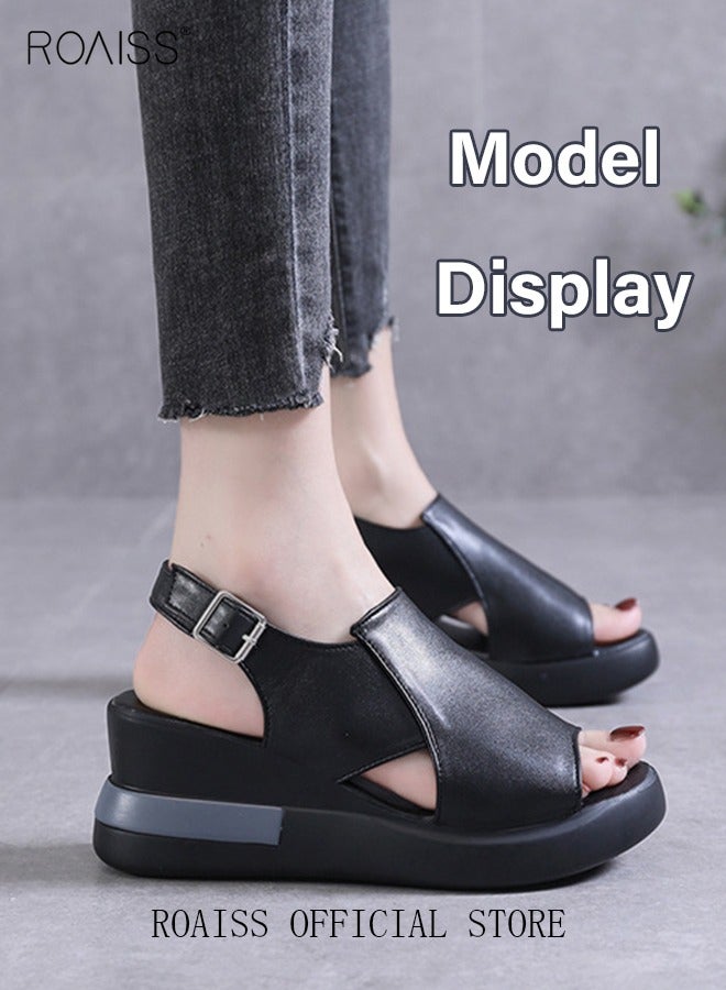 Thick Bottom Wedge Sandals Women's New Summer High-Heeled Fish Mouth Women's Shoes Soft Leather Buckle Open Toe Raised Platform Shoes