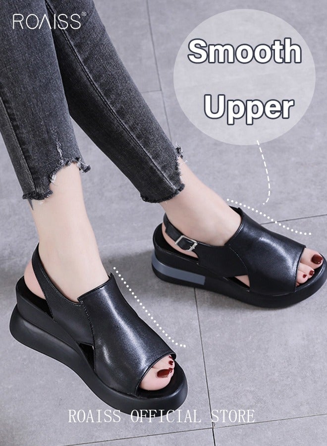 Thick Bottom Wedge Sandals Women's New Summer High-Heeled Fish Mouth Women's Shoes Soft Leather Buckle Open Toe Raised Platform Shoes