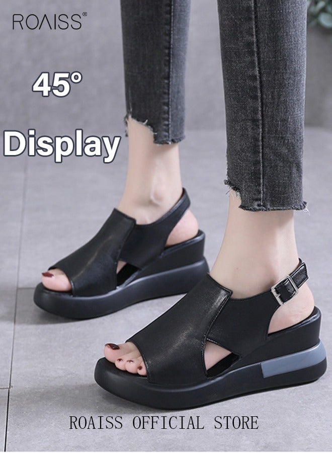 Thick Bottom Wedge Sandals Women's New Summer High-Heeled Fish Mouth Women's Shoes Soft Leather Buckle Open Toe Raised Platform Shoes