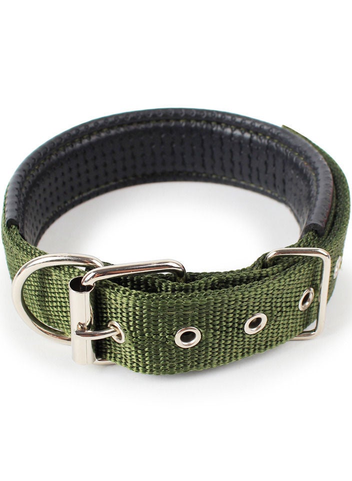 Green Dog Collar - Adjustable Double Thick Padded Heavy Duty Sturdy And Tough Super Durable Nylon Military style Dog Collar with Metal D Ring & Buckle Color SATIN GREEN