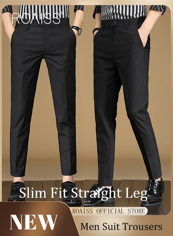 Men Straight Leg Slim Fit Trousers  Elastic Slimming Effect Pilling Free & Colorfast Mid Rise & Tummy Control No Crotch Binding