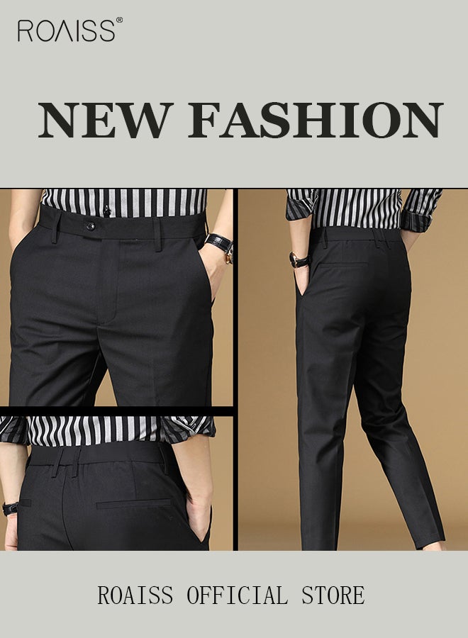 Men Straight Leg Slim Fit Trousers  Elastic Slimming Effect Pilling Free & Colorfast Mid Rise & Tummy Control No Crotch Binding