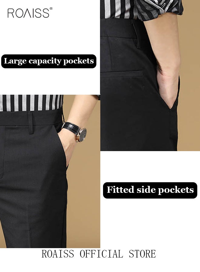 Men Straight Leg Slim Fit Trousers  Elastic Slimming Effect Pilling Free & Colorfast Mid Rise & Tummy Control No Crotch Binding