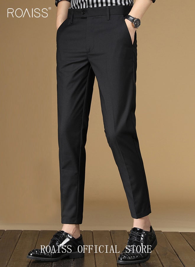 Men Straight Leg Slim Fit Trousers  Elastic Slimming Effect Pilling Free & Colorfast Mid Rise & Tummy Control No Crotch Binding