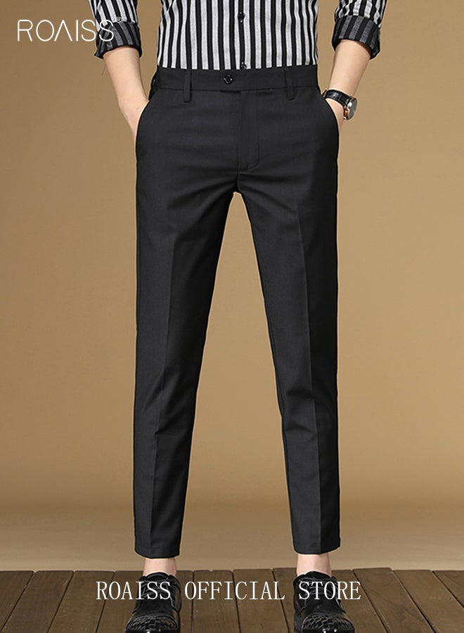 Men Straight Leg Slim Fit Trousers  Elastic Slimming Effect Pilling Free & Colorfast Mid Rise & Tummy Control No Crotch Binding