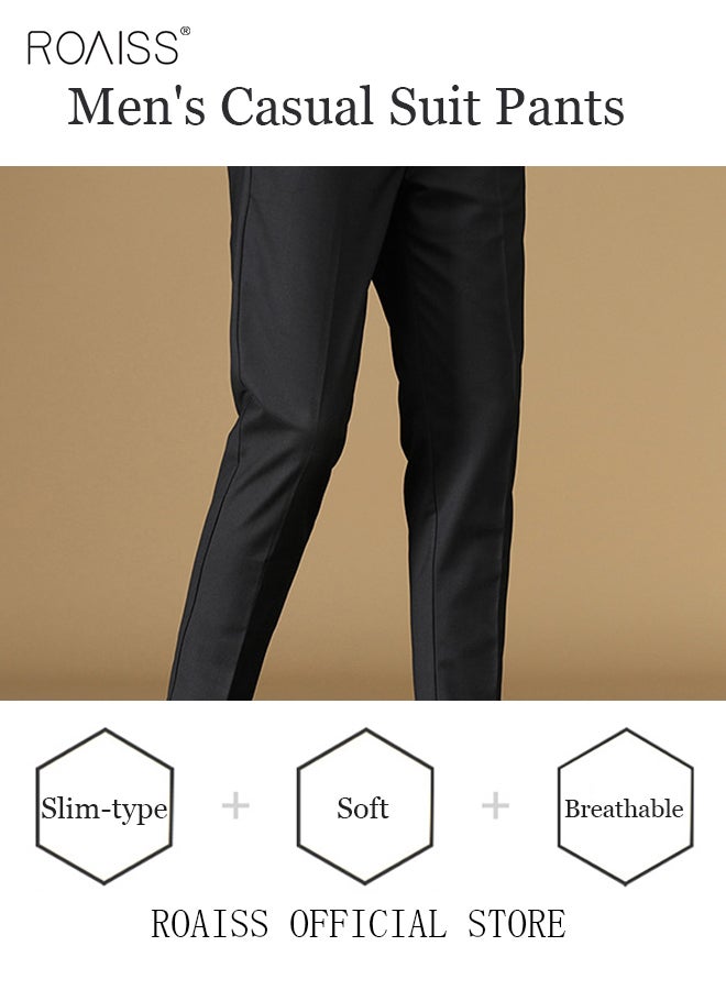 Men Straight Leg Slim Fit Trousers  Elastic Slimming Effect Pilling Free & Colorfast Mid Rise & Tummy Control No Crotch Binding