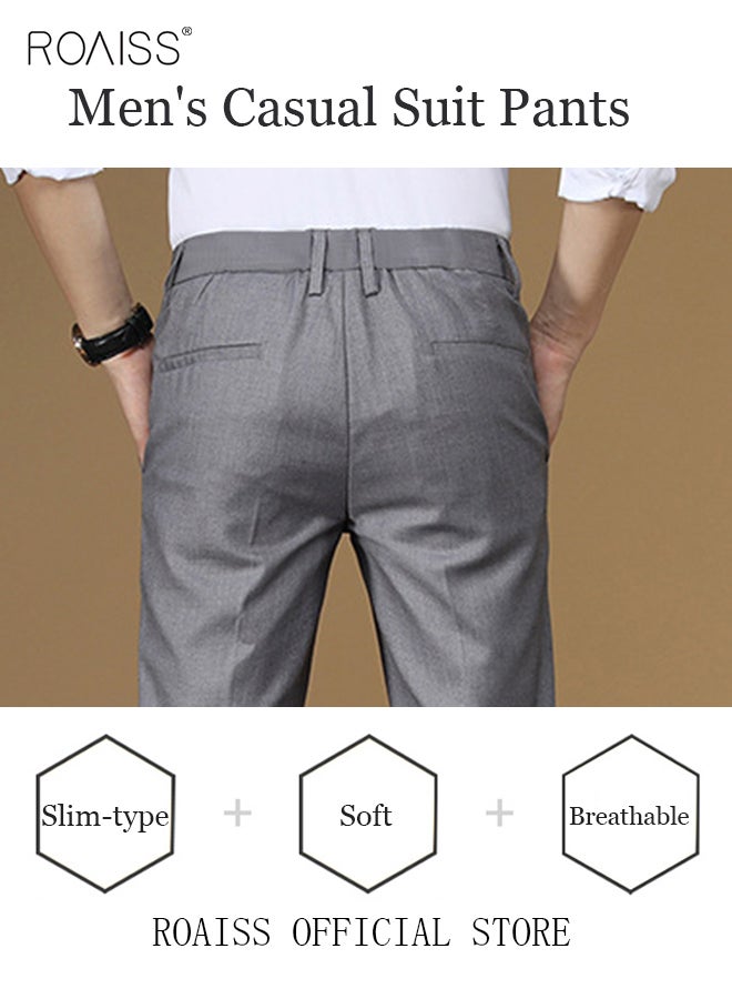 Men Straight Leg Slim Fit Trousers  Elastic Slimming Effect Pilling Free & Colorfast Mid Rise & Tummy Control No Crotch Binding