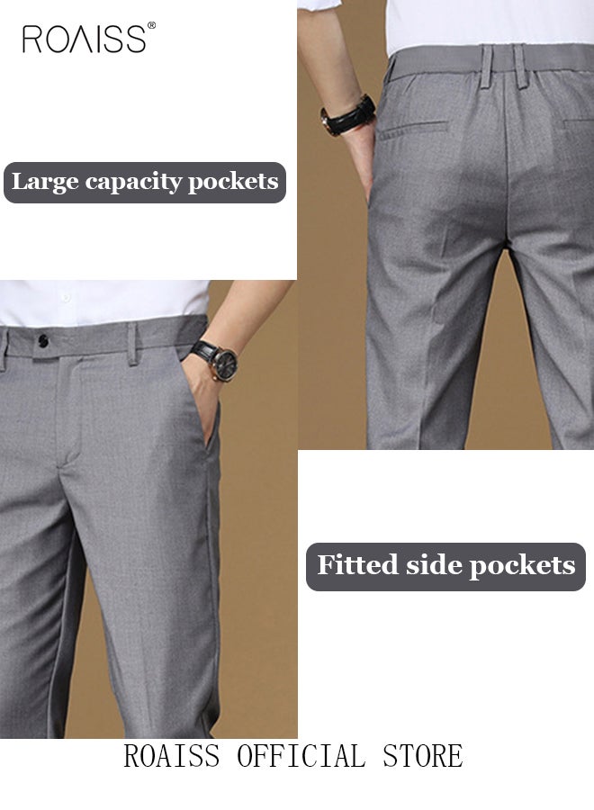 Men Straight Leg Slim Fit Trousers  Elastic Slimming Effect Pilling Free & Colorfast Mid Rise & Tummy Control No Crotch Binding