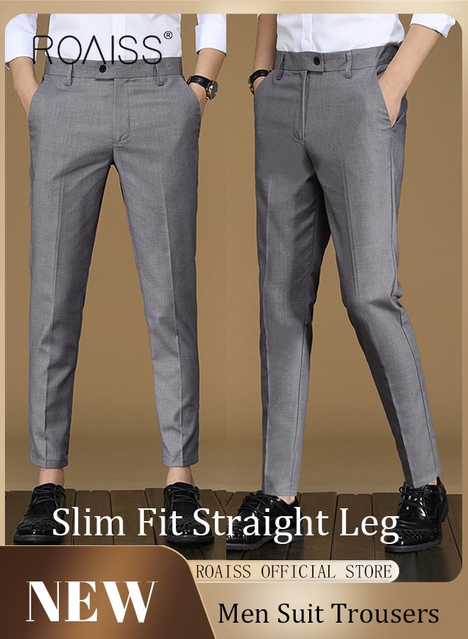 Men Straight Leg Slim Fit Trousers  Elastic Slimming Effect Pilling Free & Colorfast Mid Rise & Tummy Control No Crotch Binding