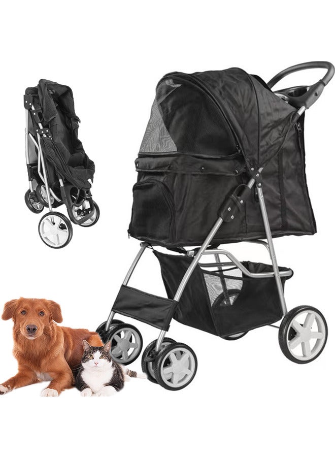 Foldable pet dog cart, four wheel cart with sun visor, cup holder, mesh window, 360 ° rotating wheels, storage basket, foot brake