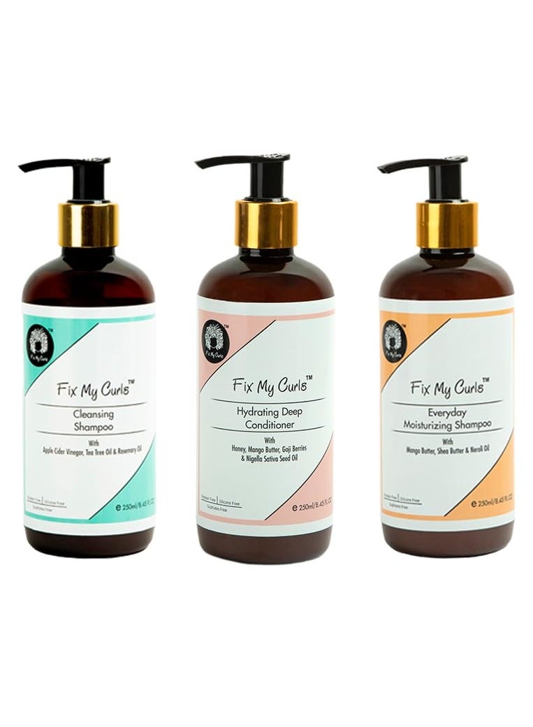 Fix My Curls Cleansing Shampoo Everyday Moisturizing Shampoo Hydrating Deep Conditioner Cruelty Free Silicone Sulphate Free 250ML Pack Of 3