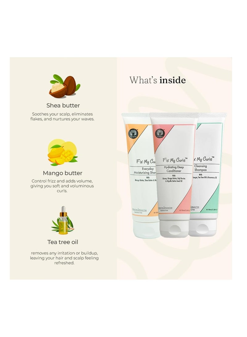 Fix My Curls Cleansing Shampoo Everyday Moisturizing Shampoo Hydrating Deep Conditioner Cruelty Free Silicone Sulphate Free 250ML Pack Of 3