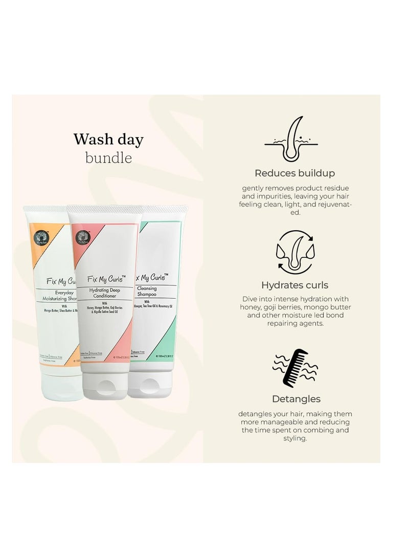 Fix My Curls Cleansing Shampoo Everyday Moisturizing Shampoo Hydrating Deep Conditioner Cruelty Free Silicone Sulphate Free 250ML Pack Of 3