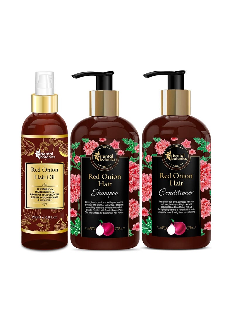 Oriental Botanics Red Onion Hair Shampoo 300ml Conditioner 300ml Hair Oil 200ml set of 3 with Red Onion Oil for Strong Healthy Hair