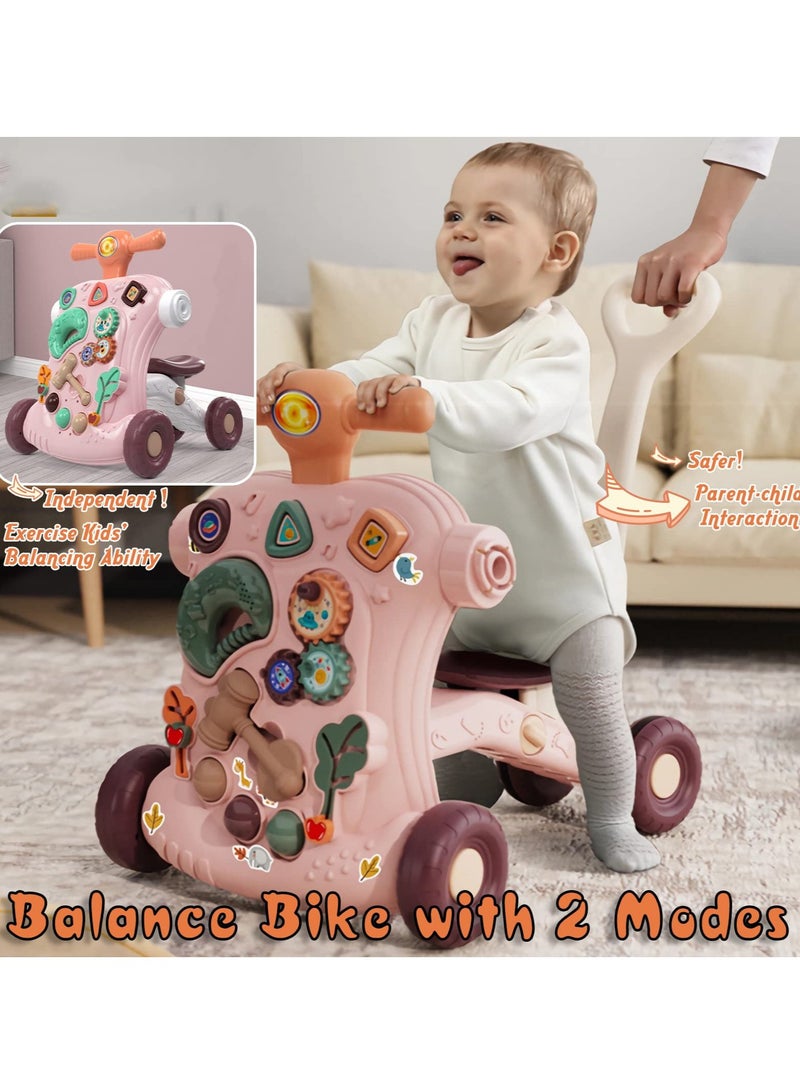 Baby Walker 5 in 1 Sit-to-Stand Learning Walker for Toddlers Baby Push Walker Baby Play Walker Toddlers Walker with Educational Activity Center-Assemble as Scooter, Bike, Activity Table (Pink)