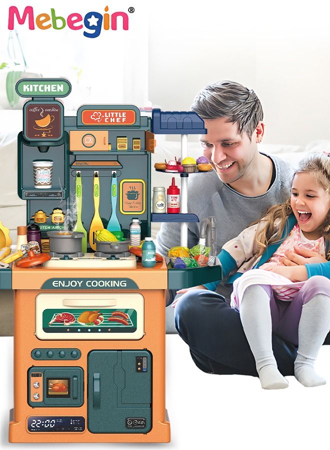 77 Pcs Kids Kitchen Playset Pretend Steam for Boys and Girls,lay Kitchen Toy with Realistic Lights Sounds Simulation of Spray and Play Sink, Pretend Play Food with Toddler