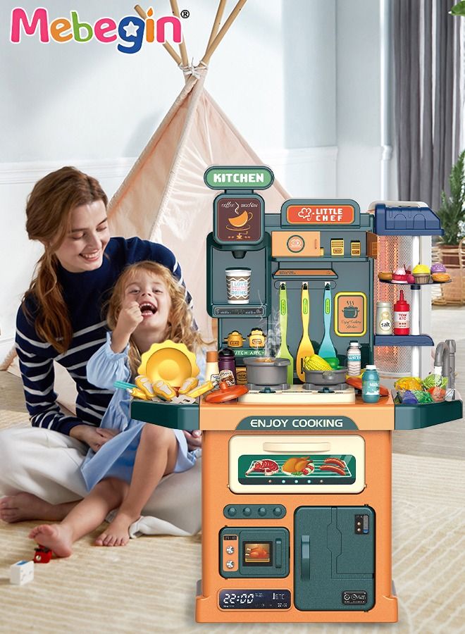 77 Pcs Kids Kitchen Playset Pretend Steam for Boys and Girls,lay Kitchen Toy with Realistic Lights Sounds Simulation of Spray and Play Sink, Pretend Play Food with Toddler