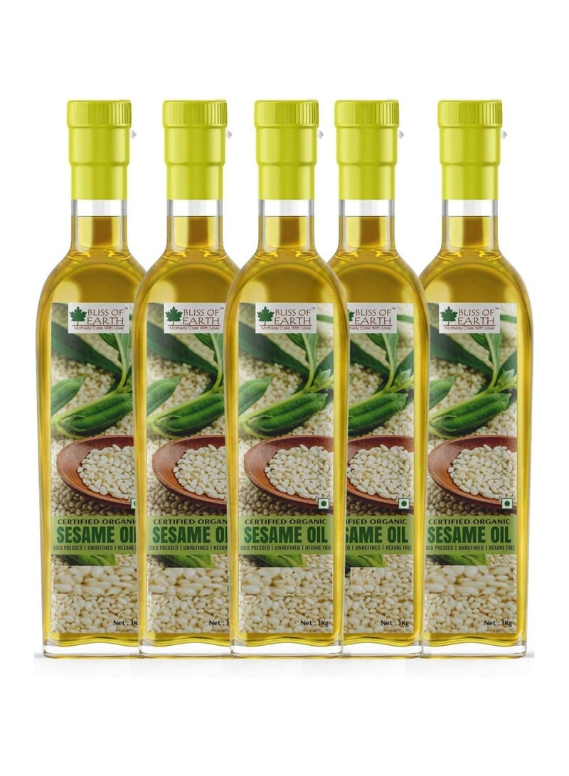 Bliss of Earth 1L Organic White Sesame Oil For Massage Cooking & Eating Cold Pressed & Hexane Free Pack of 5