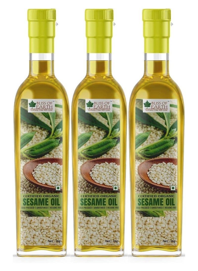 Bliss of Earth 1L Organic White Sesame Oil For Massage Cooking & Eating Cold Pressed & Hexane Free Pack of 3