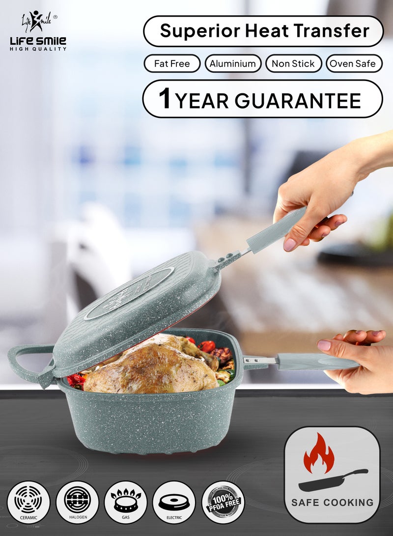 Smart Double  Grill Deep Frying Pan - 5 Layer Granite Non-Stick Coating With Magnetic Handle - Flipping Grill Frying Pan | Multiple Hob Compatibility