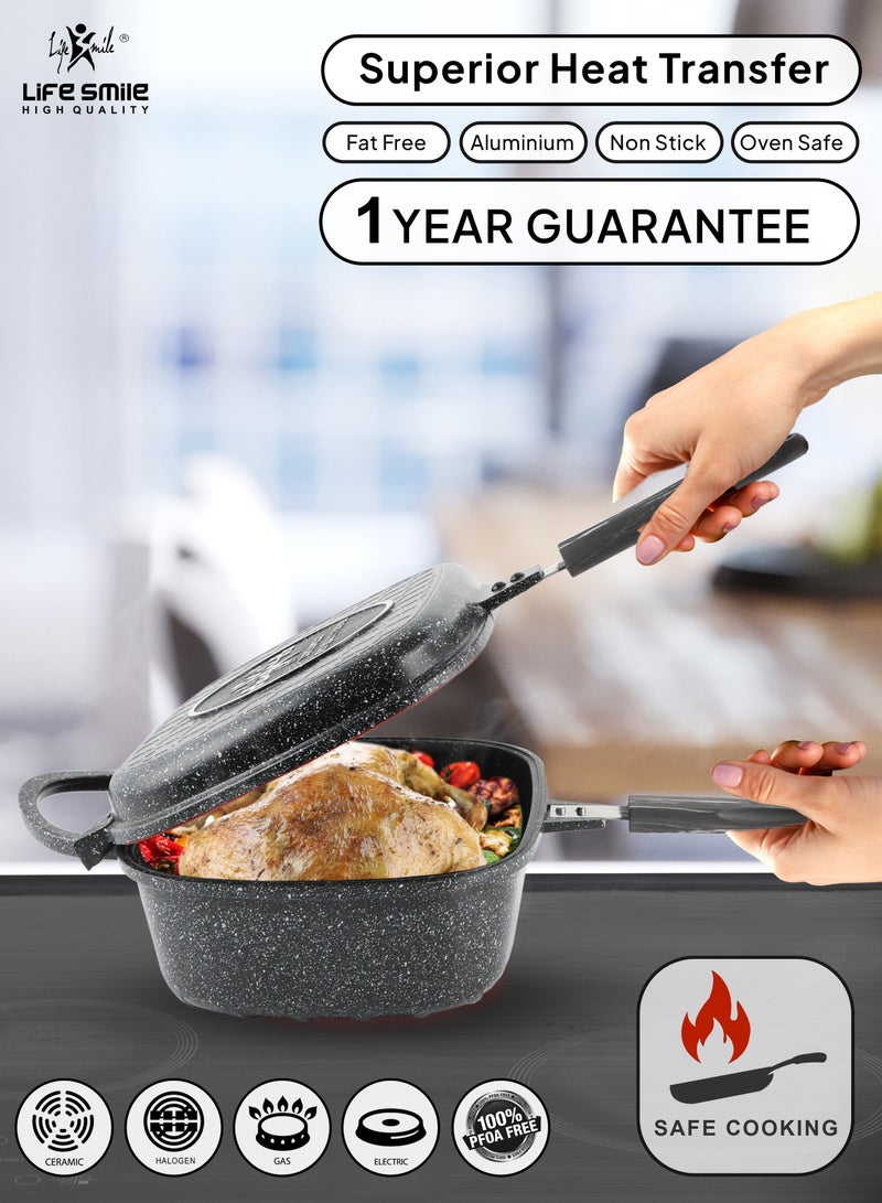 Smart Double Grill Deep Frying Pan - 5 Layer Granite Non-Stick Coating With Magnetic Handle - Flipping Grill Frying Pan | Multiple Hob Compatibility