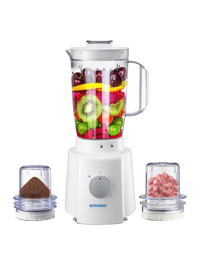 3 in 1 Blender - Powerful Motor with 3 Speed Setting and Pulse Control | Transparent and Unbreakable Jars with Stainless Steel Blade | Featured with Overheat Protection and Safety Lock System 1.6 L 650 W SB-133N White/Clear