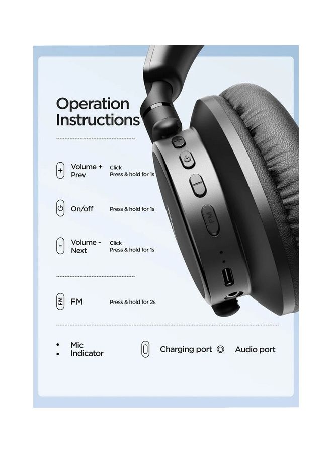 Wireless On-Ear Headphones with Pure Bass Sound, Noise Cancelling Microphone, 10H Long Battery Life, Speed Charge via Fast USB Type-C, Multi-Point Connection, Voice Assistant, Light & Comfortable, Wired/Wireless Modes, CE Certified - 1 Year UAE Warranty Black