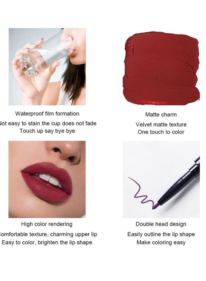 6 Pcs Matte Mist Lip Glaze, Dark Red Matte Lip Liner Pencil and Liquid Lipstick, Waterproof Lip Liner and with Lipstick, 24 Horas Originales Larga Long Lasting, Suitable for Women