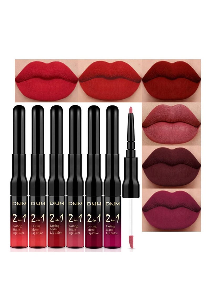 6 Pcs Matte Mist Lip Glaze, Dark Red Matte Lip Liner Pencil and Liquid Lipstick, Waterproof Lip Liner and with Lipstick, 24 Horas Originales Larga Long Lasting, Suitable for Women