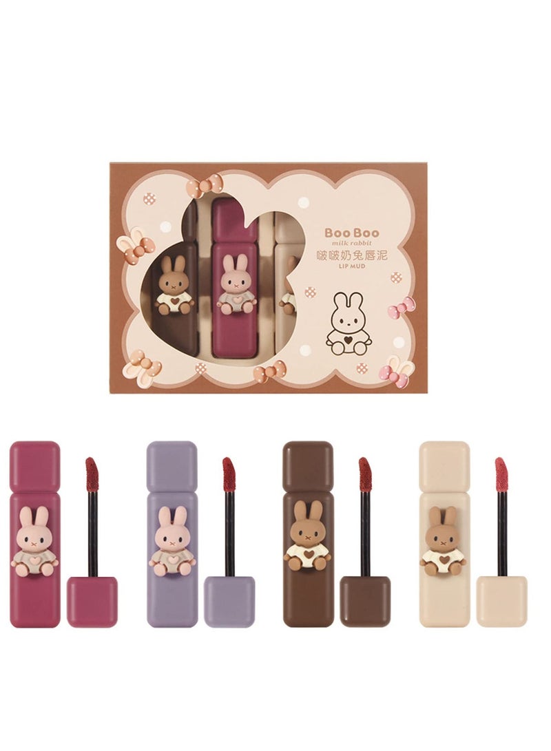 4 PCS Rabbit Mist Matte Velvet Lipstick, Non Stick Cup Waterproof Lip Makeup, Lightweight Soft Smooth Lip Mud, Suitable for Girl Women Gift