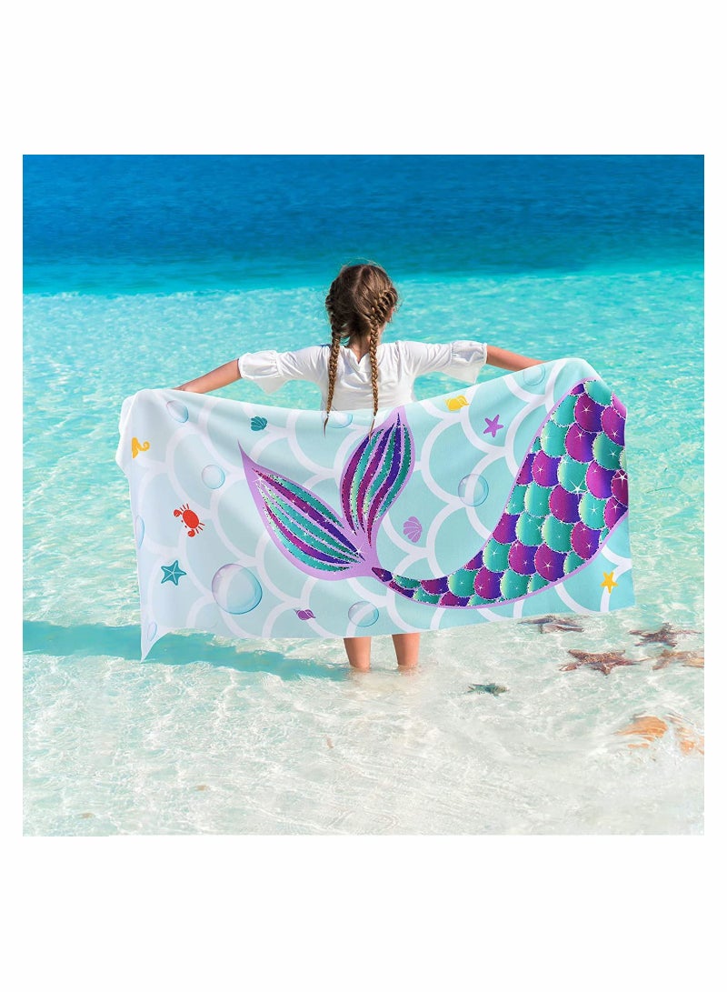 Kids Microfiber Beach Towel Large 150x70CM Cute Mermaid Lightweight Sand Free Fast Quick Dry Travel Pool Blanket Pefect for Children Gym Camping Yoga Outdoor Picnic
