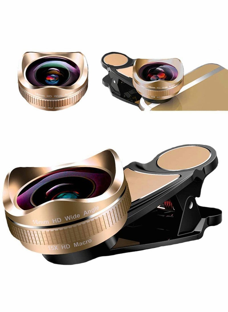 Phone Camera Lens,Clip on Cell Phone Lens Kit Compatible with Most Phones,Most Smartphones, 4K HD 2 in 1 120° Wide Angle Lens, 15X Macro Lens, No Distortion