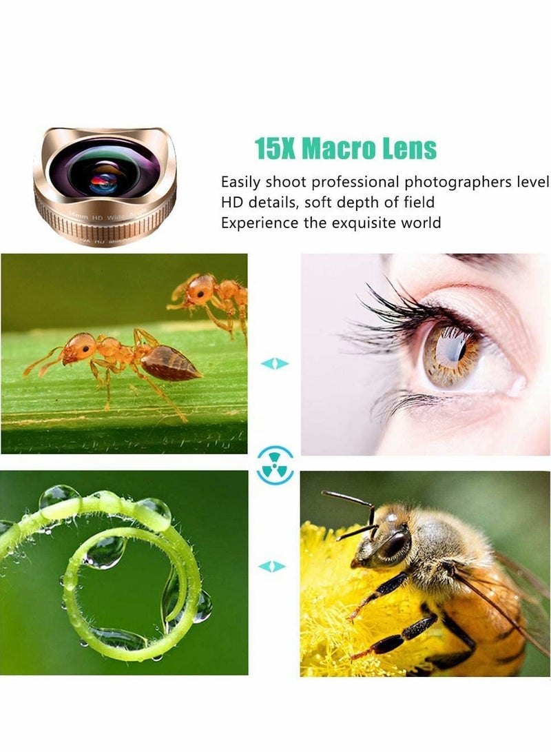 Phone Camera Lens,Clip on Cell Phone Lens Kit Compatible with Most Phones,Most Smartphones, 4K HD 2 in 1 120° Wide Angle Lens, 15X Macro Lens, No Distortion