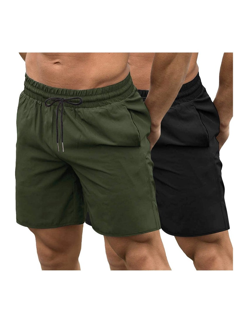 Men's 2 Pack Gym Workout Shorts Quick Dry Bodybuilding Weightlifting Pants Training Athletic Running Jogger with Pockets（Black + Green,L）