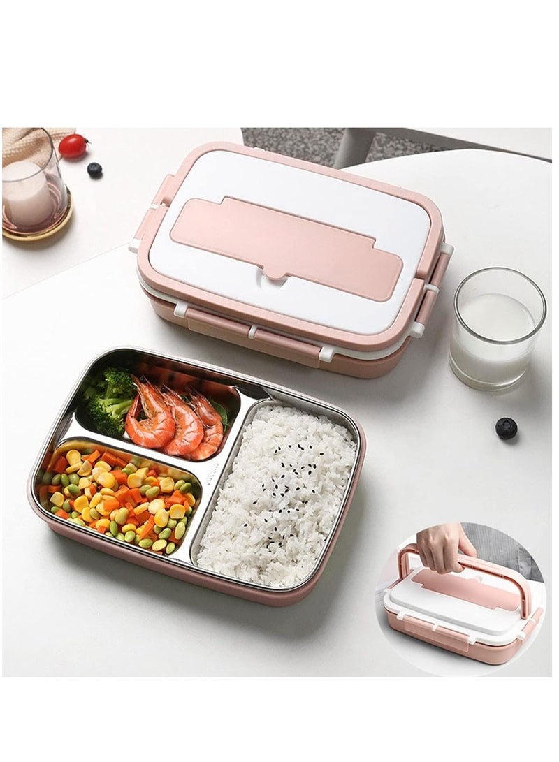 Bento Box, Portable Stainless Steel 3 Dividers Lunch Box, 4 Piece Lock, Fluffy and Ply, Chopsticks Holder, Storage Box, Impact Resistant, Easy to Carry, Men, Women, Children, Rice Container