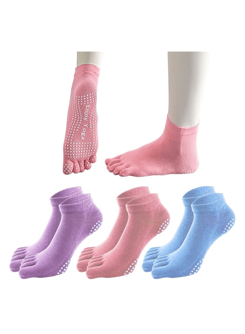 3 Pairs Non-Slip Yoga Socks with Grips, Pilates Socks for Women Cotton Dance Barre Ballet Socks, Ladies Five Toe Socks Grip Socks for Home Workout Gym Sports Non-Slip Yoga Socks for Workouts ASIN: B0C