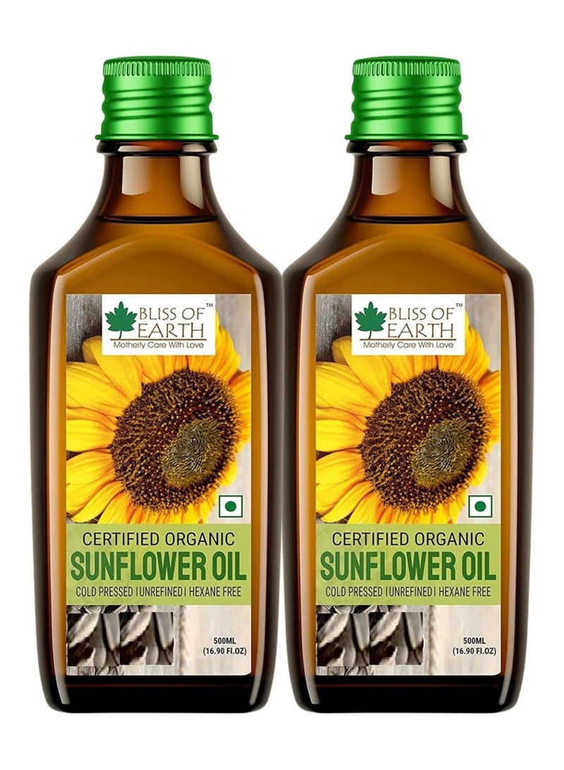 Bliss of Earth 500ML Certified Organic Sunflower Oil Cold Pressed, Hexane Free Pack of 2