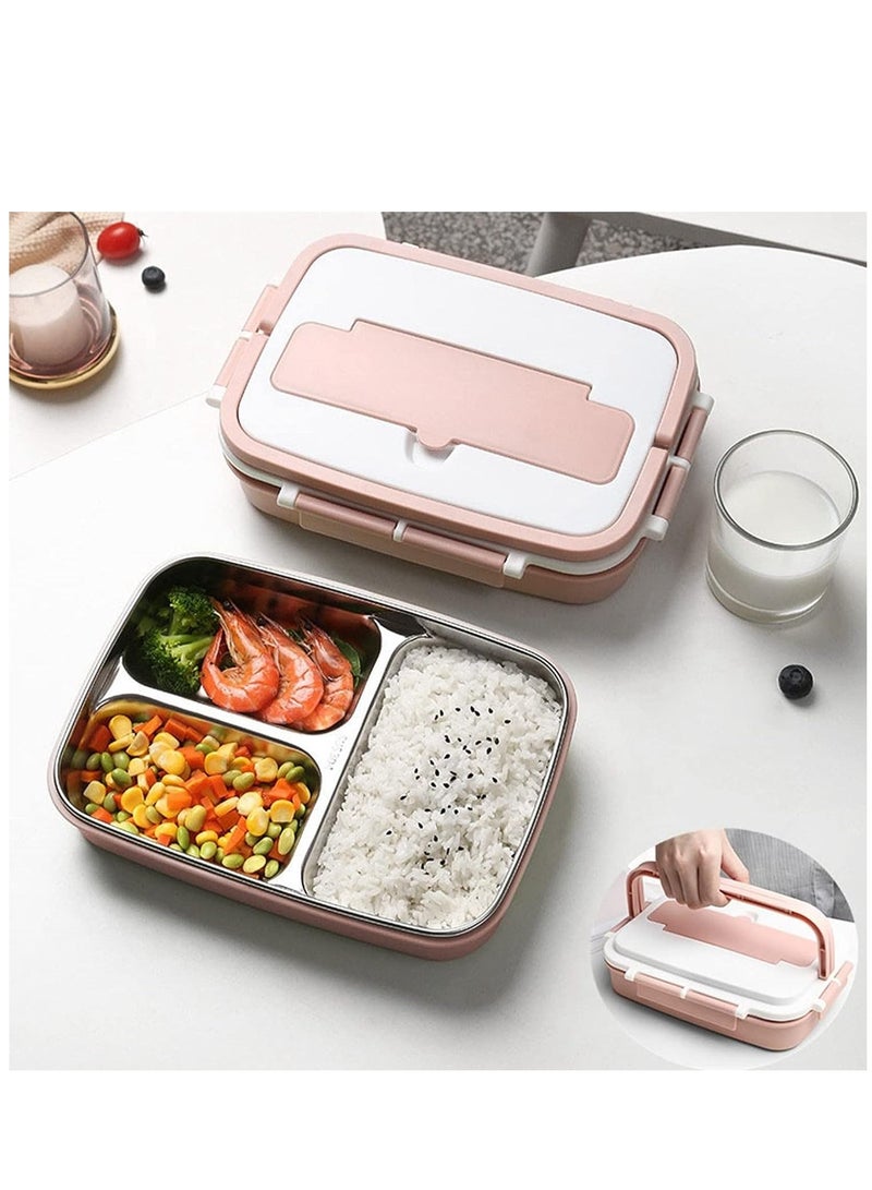 Bento Box, Portable Stainless Steel 3 Dividers Lunch Box, 4 Piece Lock, Fluffy and Ply, Chopsticks Holder, Storage Box, Impact Resistant, Easy to Carry, Men, Women, Children, Rice Container