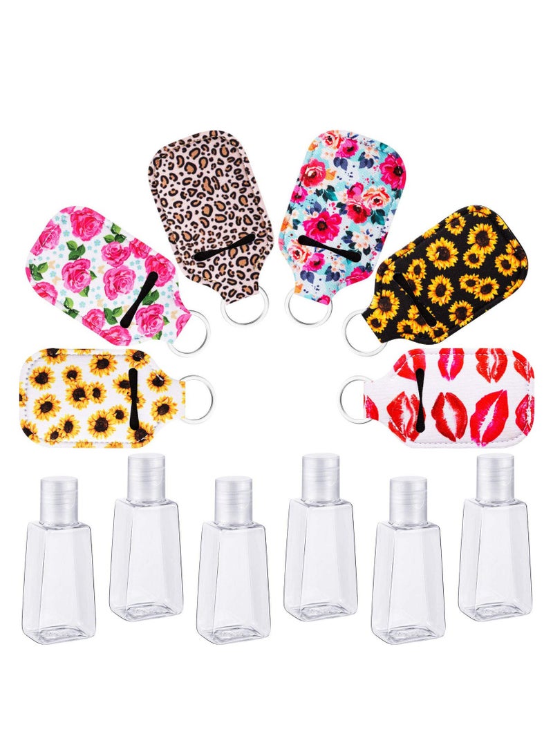 6 Pieces Empty Travel Size Bottle Keychain Holder Reusable Bottles with 6 Pieces Keychain Carriers 30 ml Flip Cap Refillable Bottles for Liquids, for Outdoor Activities, School