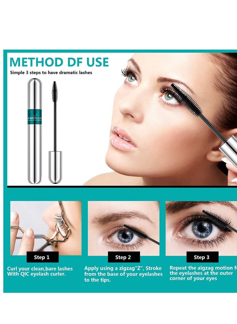 Waterproof Mascara Double Sided 5X Longer Lash Cosmetics Long Lasting Natural Lengthening and Thickening Effect 4D Silk Fiber Mascara Smudge Proof Eye Make up Black 2PCS